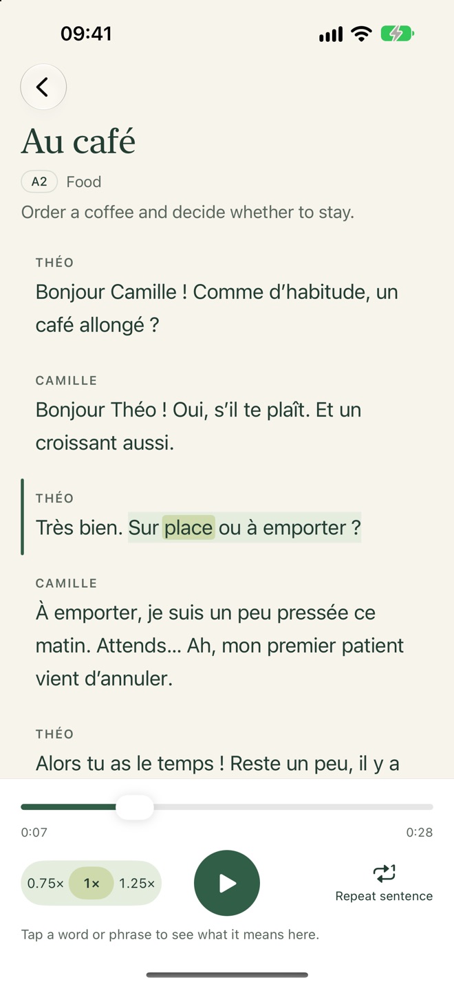 A dialogue with the current sentence and word highlighted while it plays