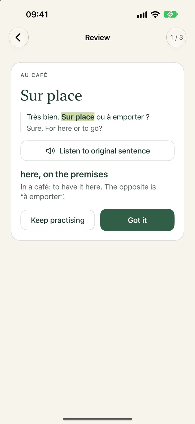 Reviewing a saved phrase with its original sentence