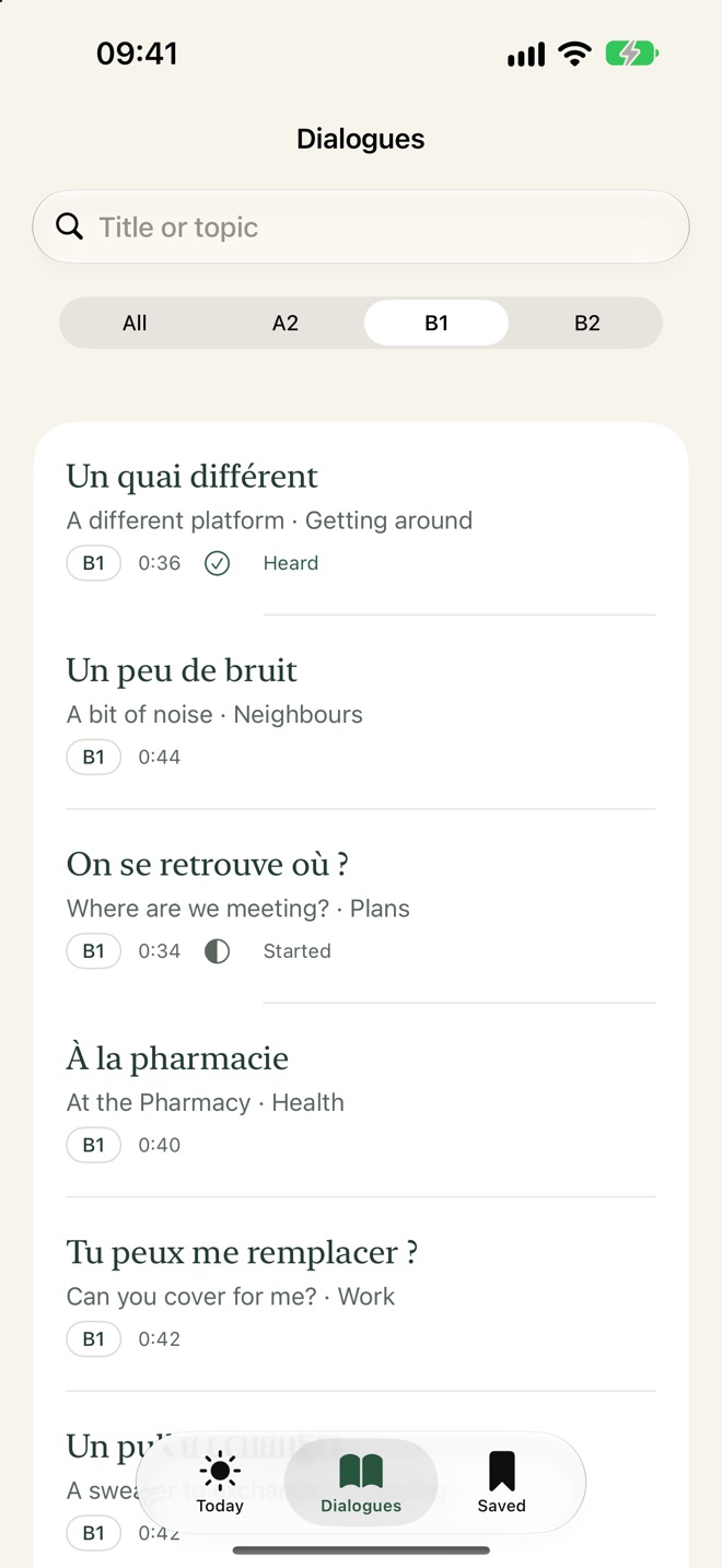 The list of dialogues filtered by level and topic